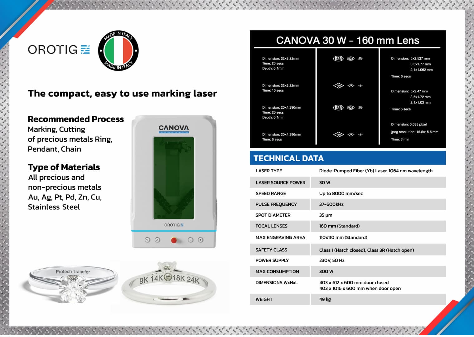 Orotig Marking Laser Machine Spec Sheet